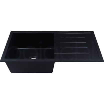 Baiachi 860 x 450 Single Bowl and Drainer Granite Kitchen Sink Black with Brushed Gold Waste