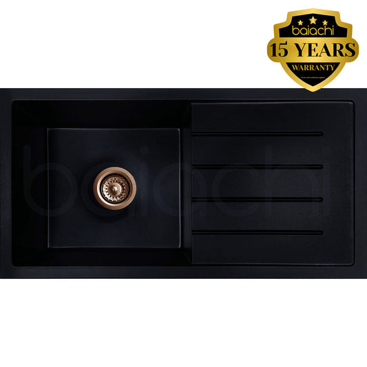 Baiachi 860 x 450 Single Bowl and Drainer Granite Kitchen Sink Black with Brushed Copper Waste