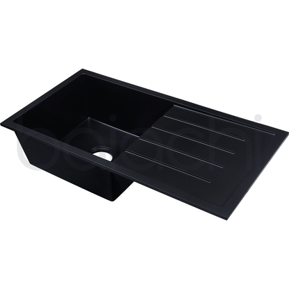 Baiachi 860 x 450 Single Bowl and Drainer Granite Kitchen Sink Black with Brushed Gold Waste
