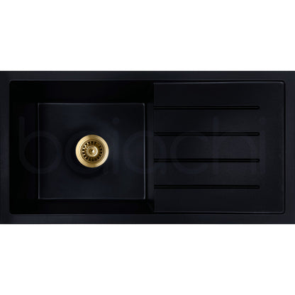 Baiachi 860 x 450 Single Bowl and Drainer Granite Kitchen Sink Black with Brushed Gold Waste