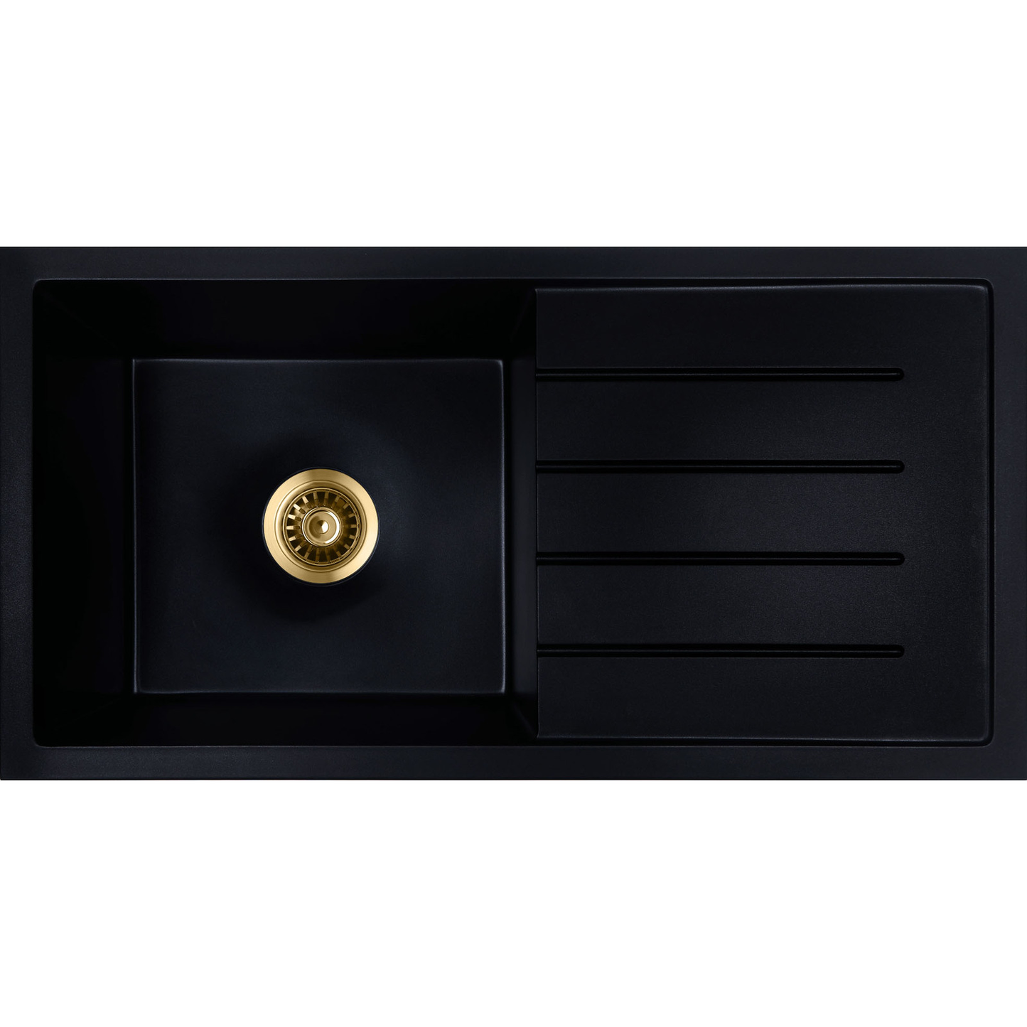 Baiachi 860 x 450 Single Bowl and Drainer Granite Kitchen Sink Black with Brushed Gold Waste