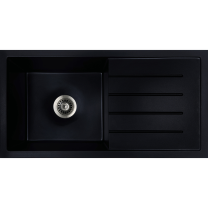 Baiachi 860 x 450 Single Bowl and Drainer Granite Kitchen Sink Black with Brushed Gold Waste