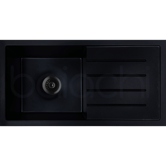 Baiachi Single Bowl and Drainer Granite Kitchen Sink Black with Black Waste