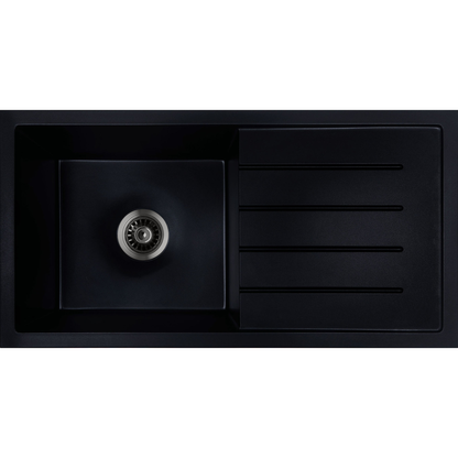 Baiachi 860 x 450 Single Bowl and Drainer Granite Kitchen Sink Black with Black Waste