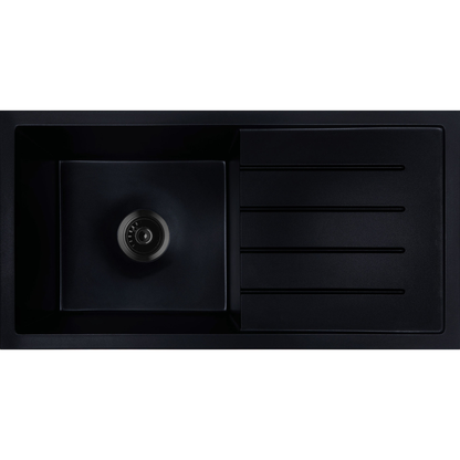 Baiachi 860 x 450 Single Bowl and Drainer Granite Kitchen Sink Black with Gun metal Waste