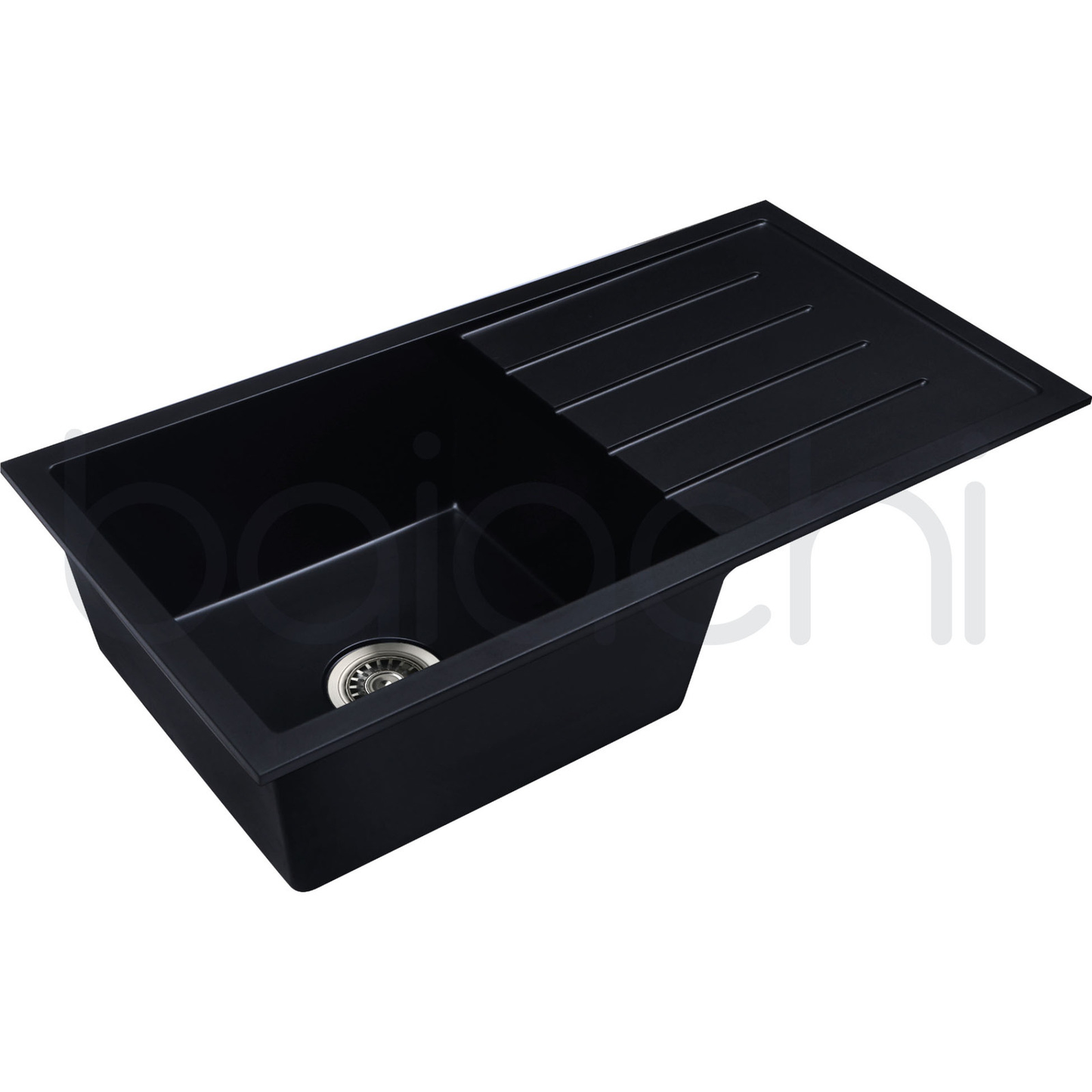 Baiachi 860 x 450 Single Bowl and Drainer Granite Kitchen Sink Black with Brushed Copper Waste