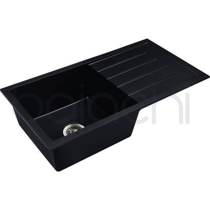 Baiachi 860 x 450 Single Bowl and Drainer Granite Kitchen Sink Black with Brushed Copper Waste