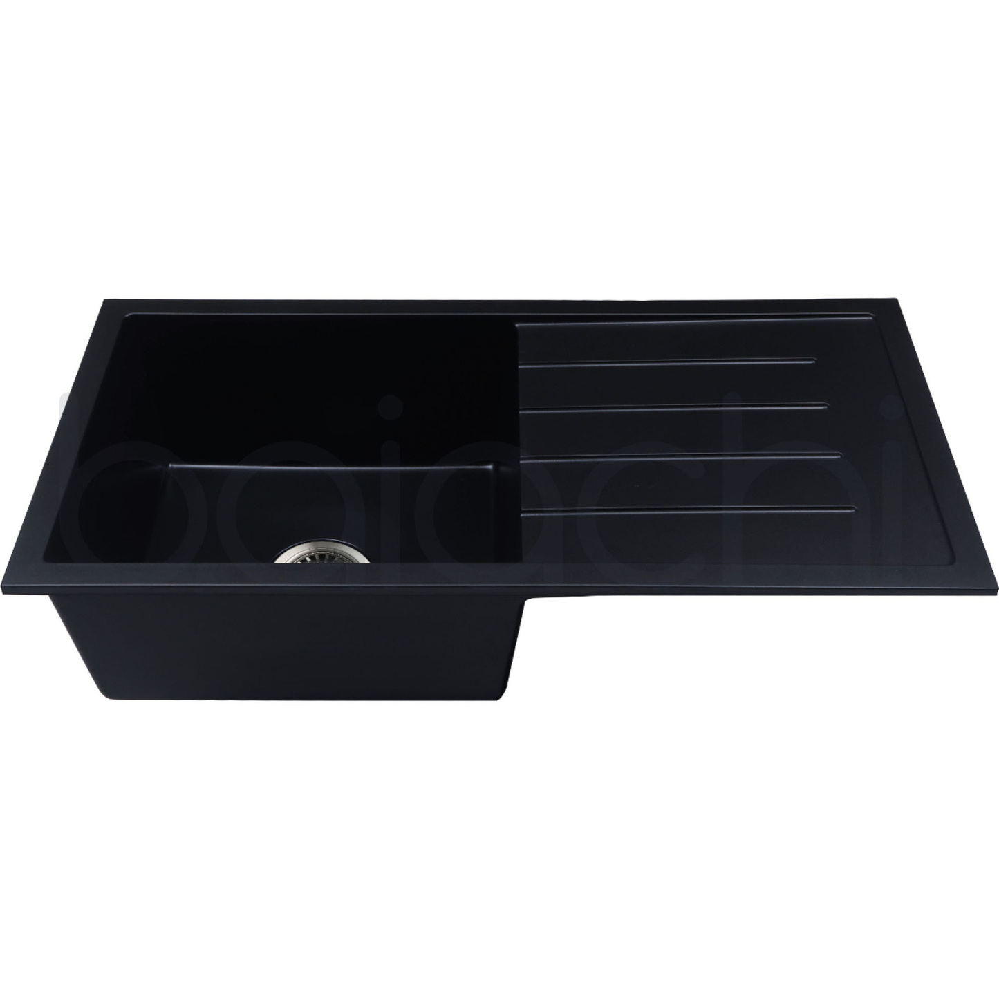 Baiachi 860 x 450 Single Bowl and Drainer Granite Kitchen Sink Black with Brushed Copper Waste