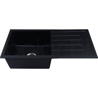 Baiachi 860 x 450 Single Bowl and Drainer Granite Kitchen Sink Black with Brushed Copper Waste
