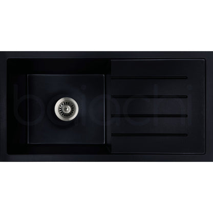 Baiachi 860 x 450 Single Bowl and Drainer Granite Kitchen Sink Black with Stainless Steel Waste