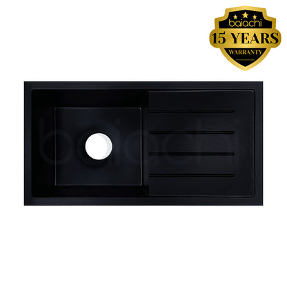 Baiachi 860 x 450 Single Bowl and Drainer Granite Kitchen Sink Black