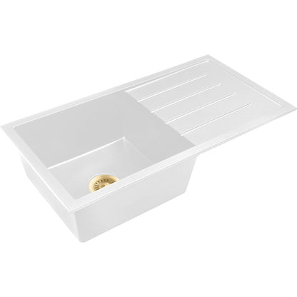 Baiachi 860 x 450 Single Bowl and Drainer Granite Kitchen Sink White with Brushed Gold Waste