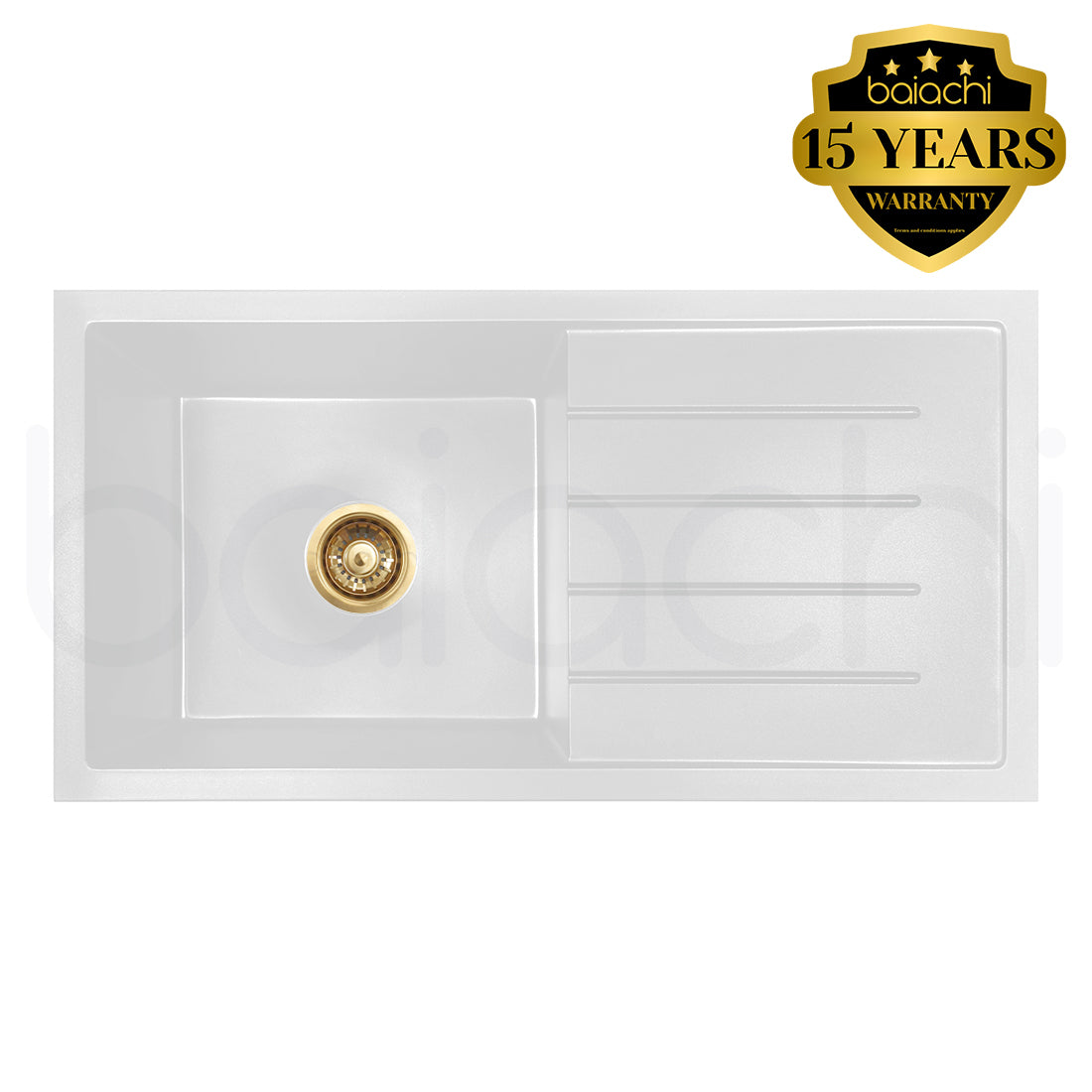 Baiachi 860 x 450 Single Bowl and Drainer Granite Kitchen Sink White with Brushed Gold Waste