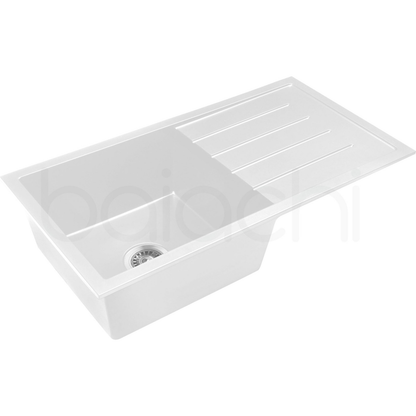 Baiachi 860 x 450 Single Bowl and Drainer Granite Kitchen Sink White with Black Waste