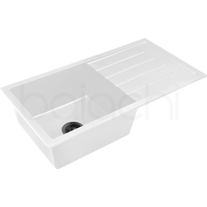 Baiachi 860 x 450 Single Bowl and Drainer Granite Kitchen Sink White with Black Waste