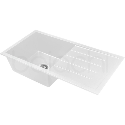 Baiachi 860 x 450 Single Bowl and Drainer Granite Kitchen Sink White with Black Waste
