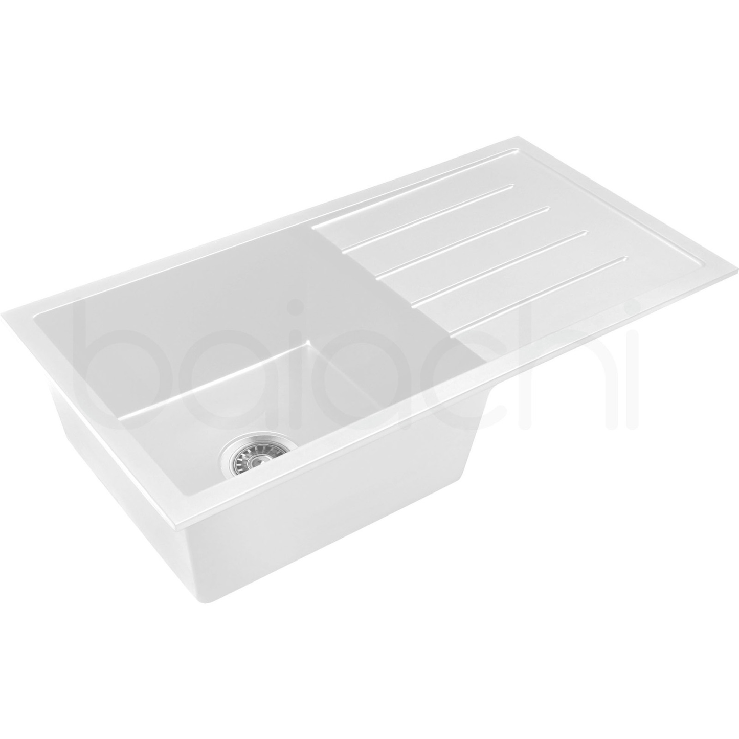 Baiachi 860 x 450 Single Bowl and Drainer Granite Kitchen Sink White with Gun metal Waste