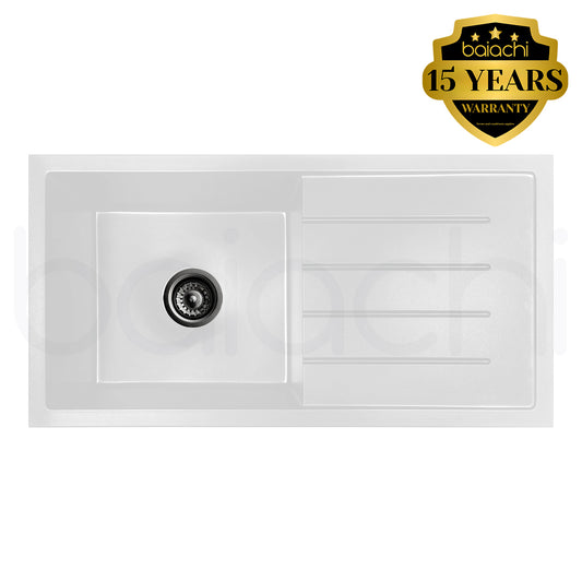 Baiachi 860 x 450 Single Bowl and Drainer Granite Kitchen Sink White with Gun metal Waste