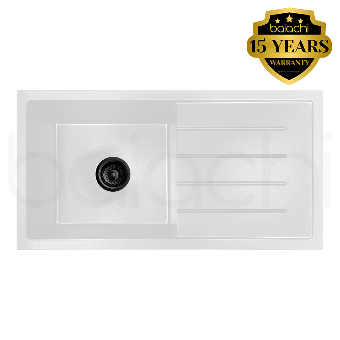 Baiachi 860 x 450 Single Bowl and Drainer Granite Kitchen Sink White with Black Waste