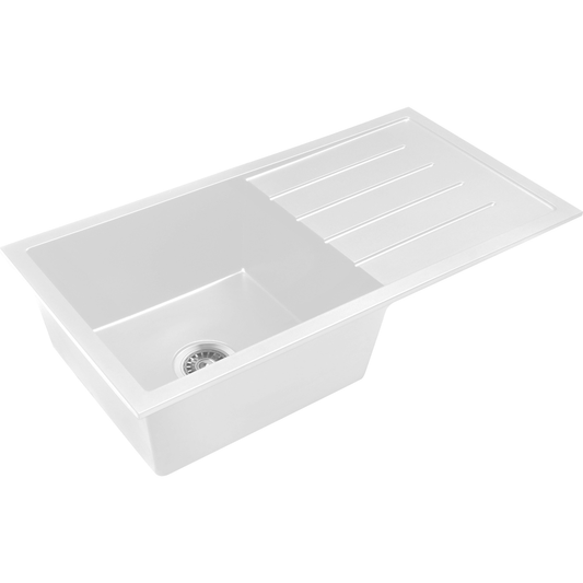 Baiachi Single Bowl and Drainer Granite Kitchen Sink White with Stainless Steel Waste
