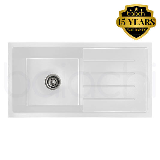 Baiachi 860 x 450 Single Bowl and Drainer Granite Kitchen Sink White with Stainless Steel Waste