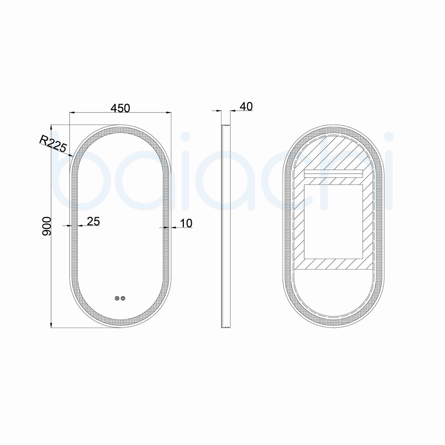 Baiachi LED Oval 450mmx900mm Frame Mirror Gun Metal
