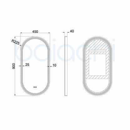 Baiachi LED Oval 450mmx900mm Frame Mirror Gun Metal