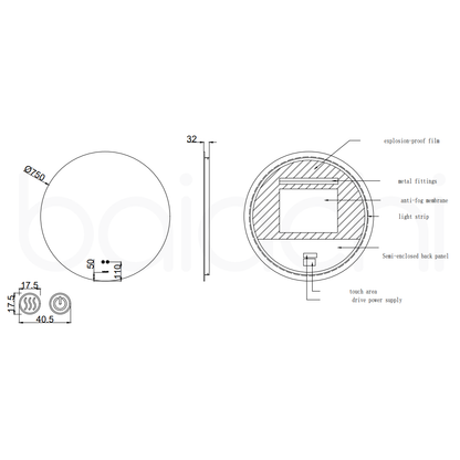 Baiachi LED Round 750mm Backlit Anti-Fog Mirror