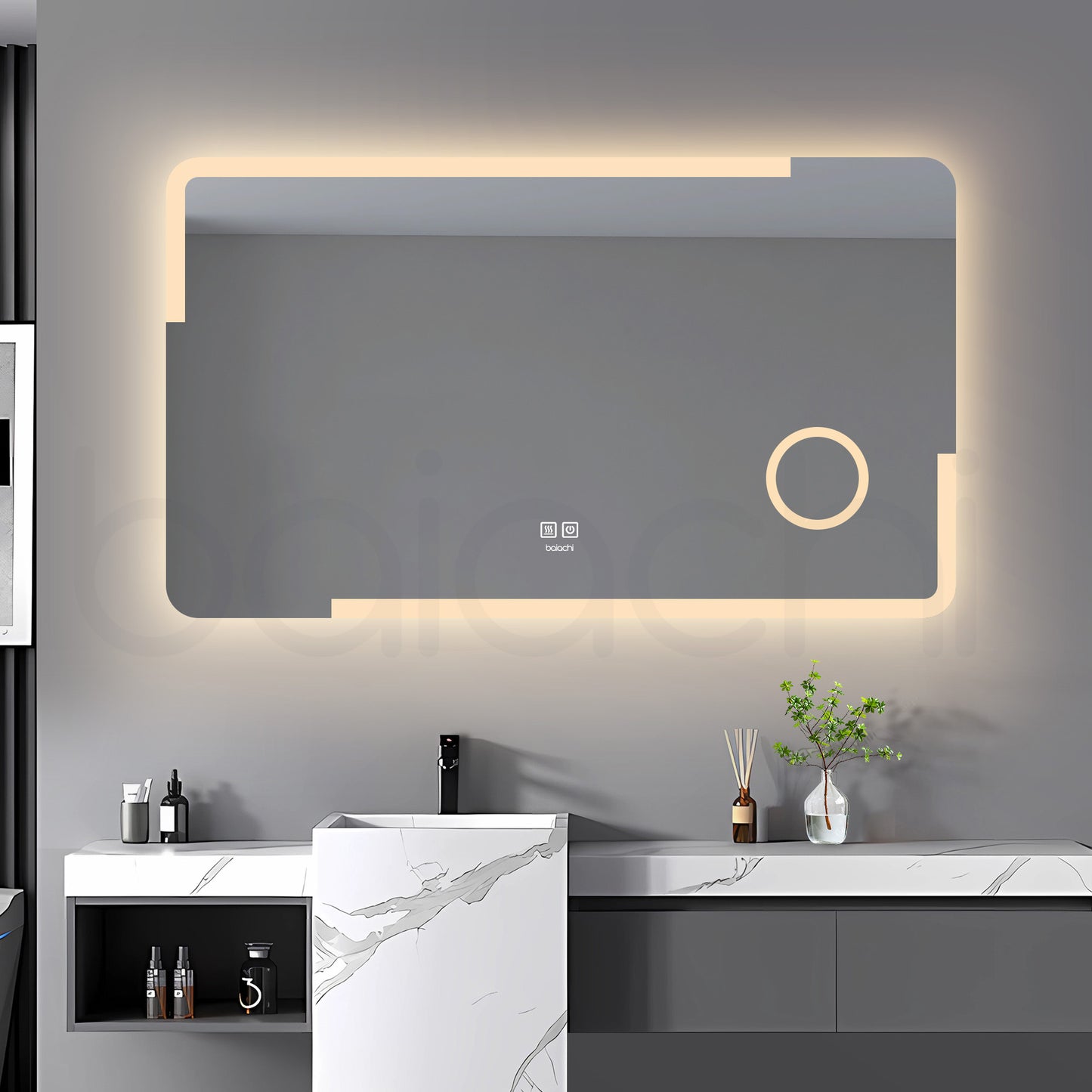 Baiachi LED Square 1200x800mm Anti-Fog Mirror with Magnifier