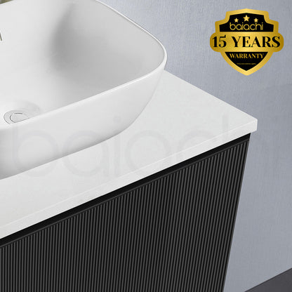 Baiachi Clermont 600 Black Fluted Wall Hung Bathroom Vanity White Stone