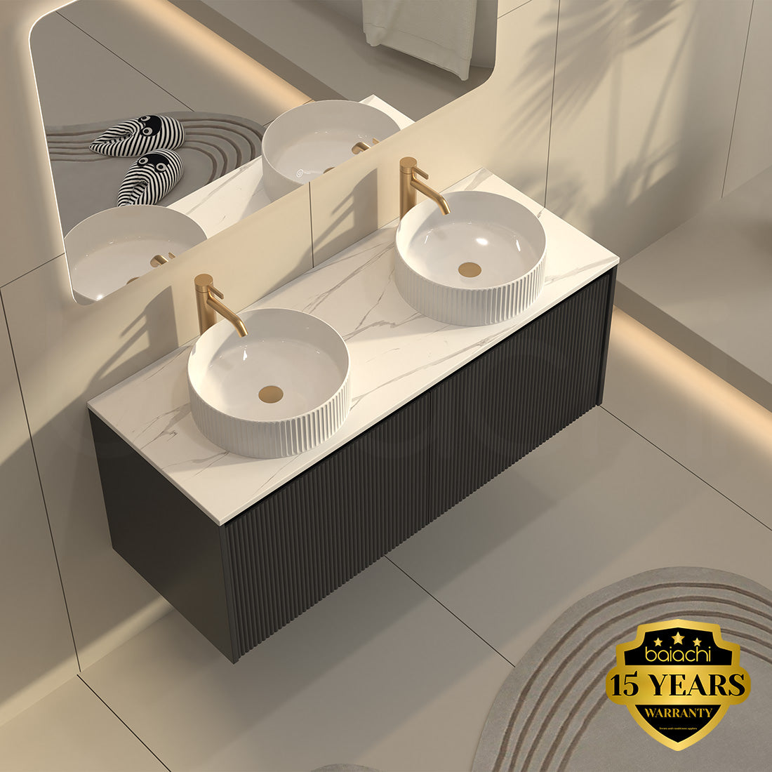 Baiachi Clermont 1500 Black Fluted Wall Hung Bathroom Vanity Double Basin