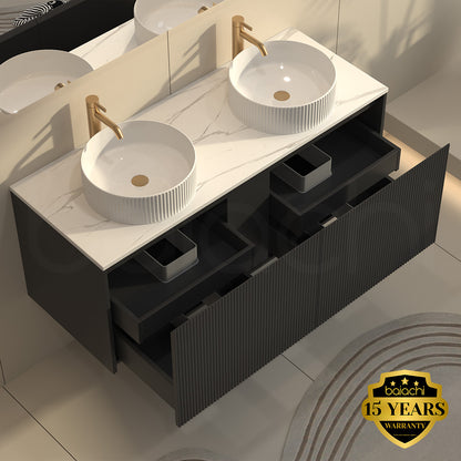 Baiachi Clermont 1500 Black Fluted Wall Hung Bathroom Vanity Calacatta Stone