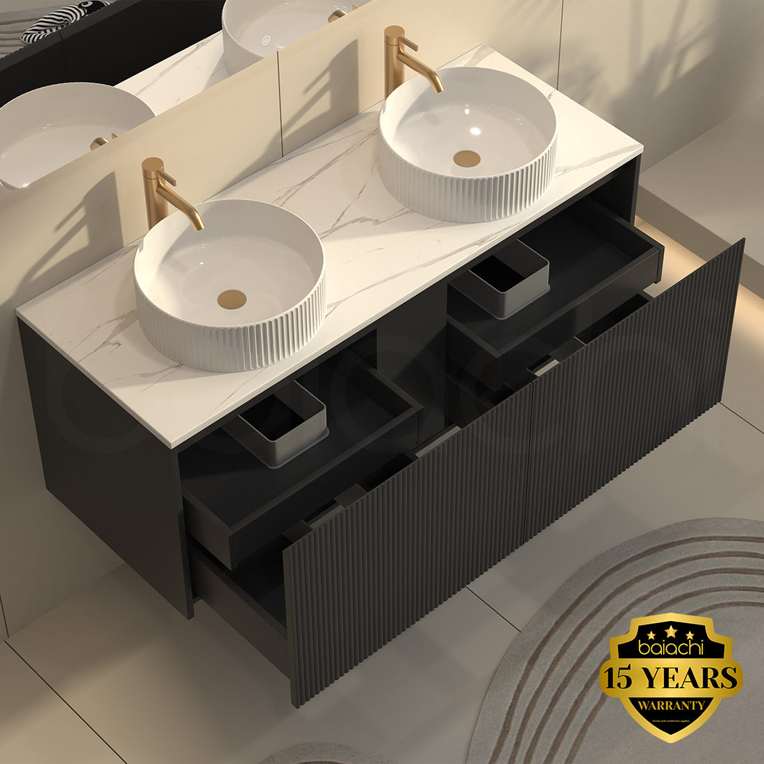 Baiachi Clermont 1200 Black Fluted Wall Hung Bathroom Vanity Calacatta Stone