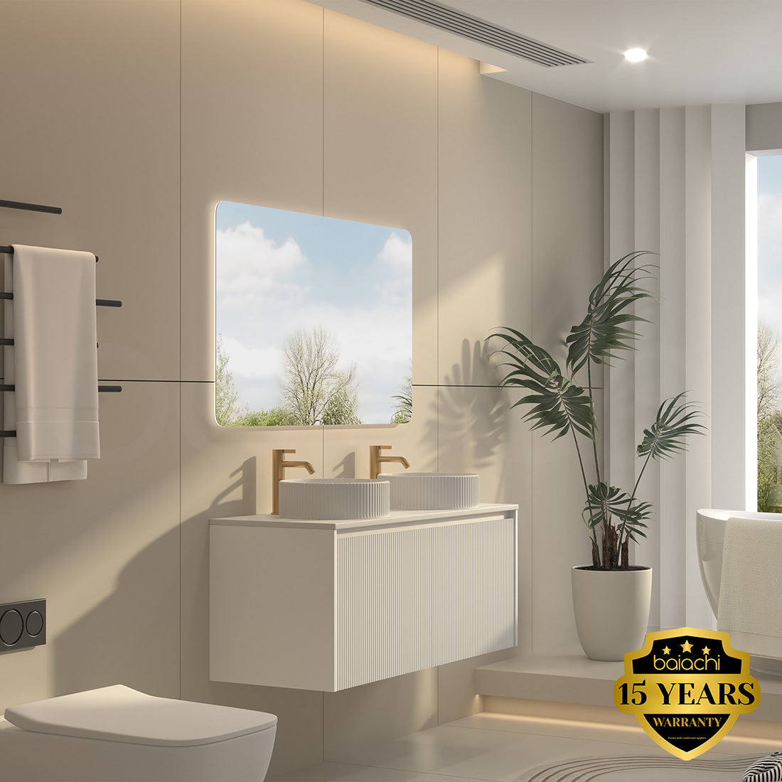 Baiachi Clermont 1200 White Fluted Wall Hung Bathroom Vanity Double Ceramic Basin