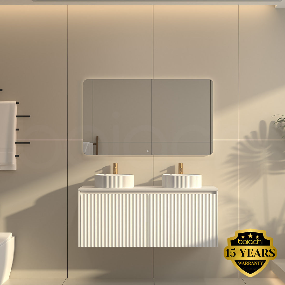 Baiachi Clermont 1200 White Fluted Wall Hung Bathroom Vanity Double Ceramic Basin