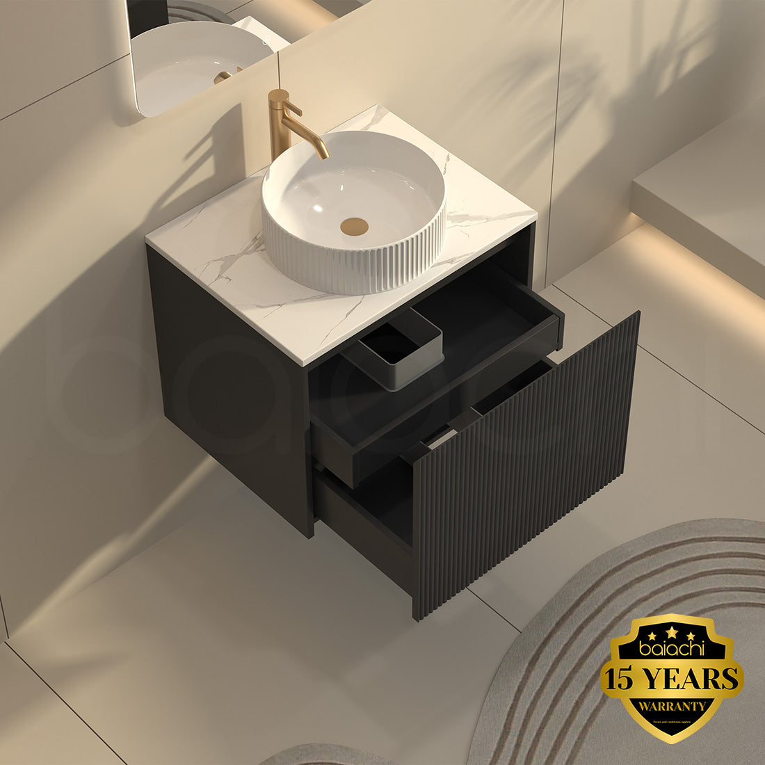 Baiachi Clermont 600 Black Fluted Wall Hung Bathroom Vanity Ceramic Basin