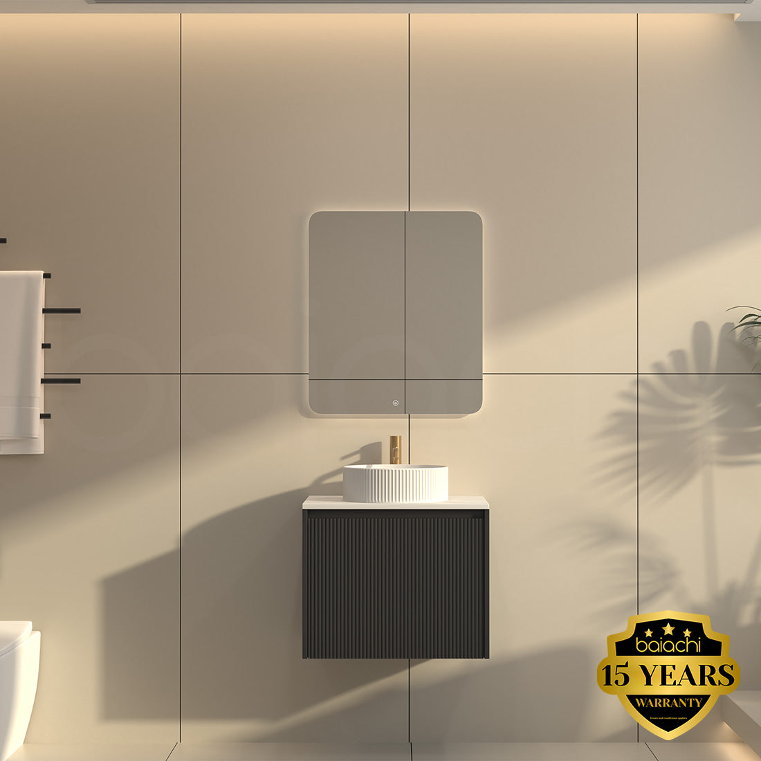 Baiachi Clermont 600 Black Fluted Wall Hung Bathroom Vanity Calacatta Stone