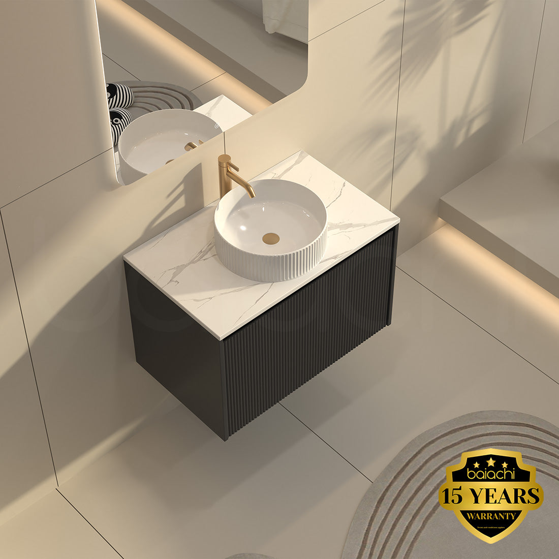 Baiachi Clermont 750 Black Fluted Wall Hung Bathroom Vanity Ceramic Basin