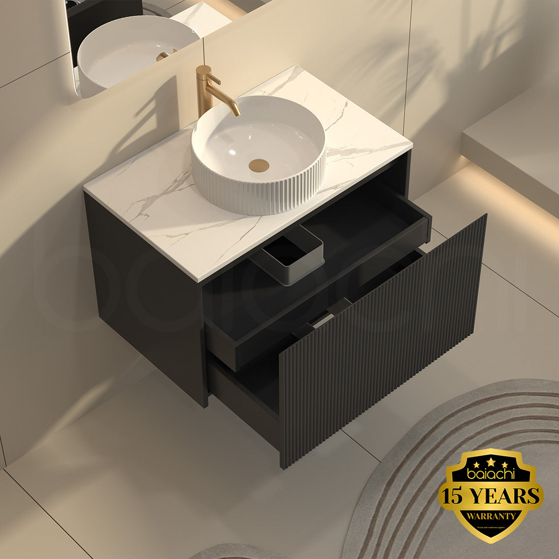 Baiachi Clermont 750 Black Fluted Wall Hung Bathroom Vanity Ceramic Basin