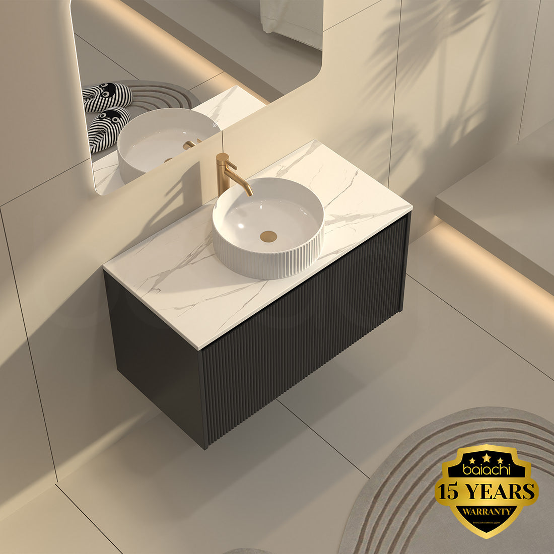 Baiachi Clermont 900mm Black Fluted Wall Hung Bathroom Vanity Cabinet