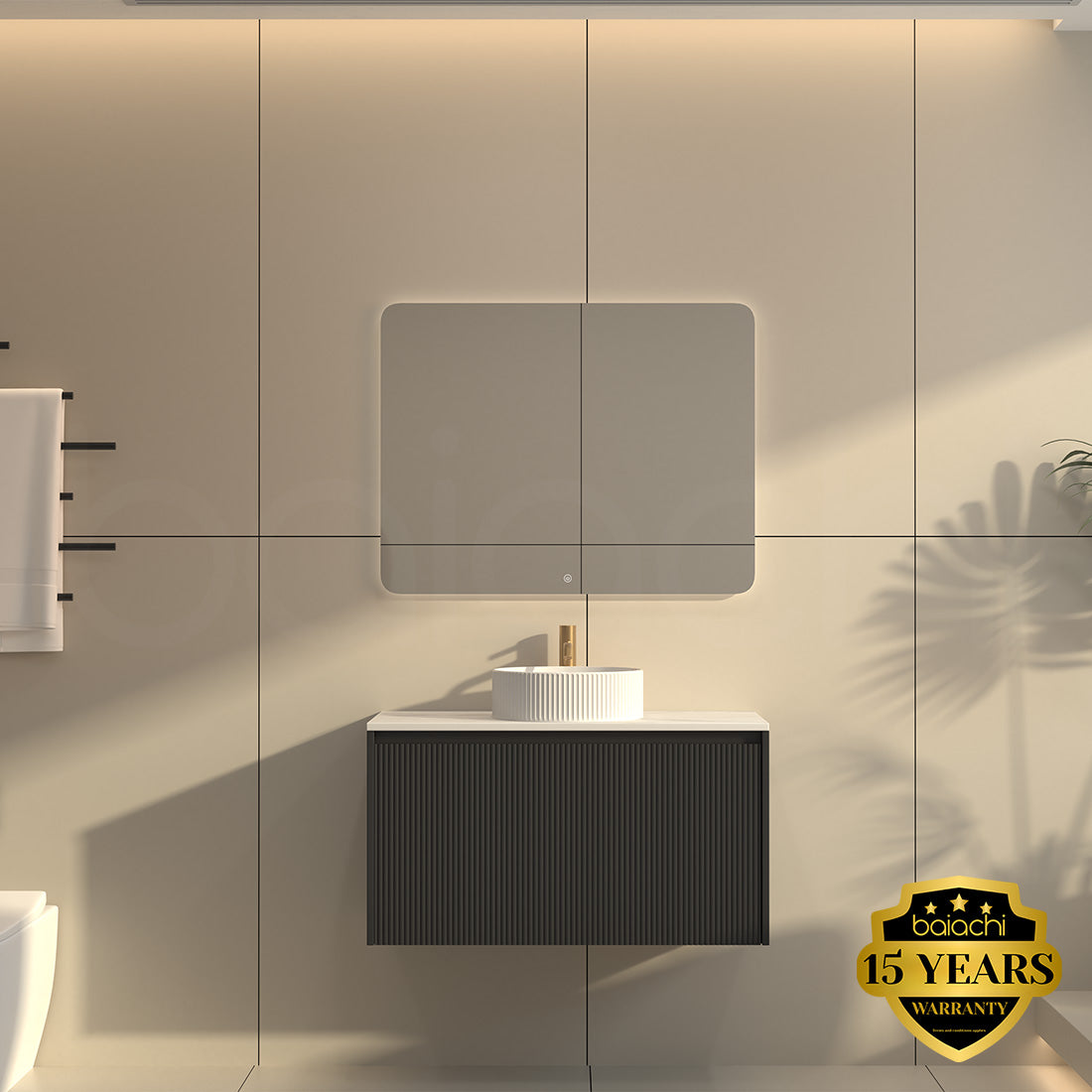 Baiachi Clermont 900 Black Fluted Wall Hung Bathroom Vanity White Stone