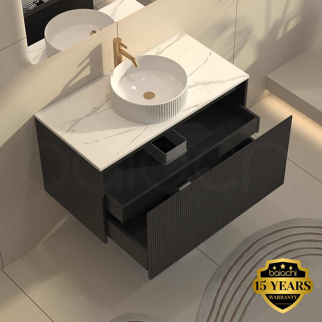 Baiachi Clermont 900 Black Fluted Wall Hung Bathroom Vanity Calacatta Stone