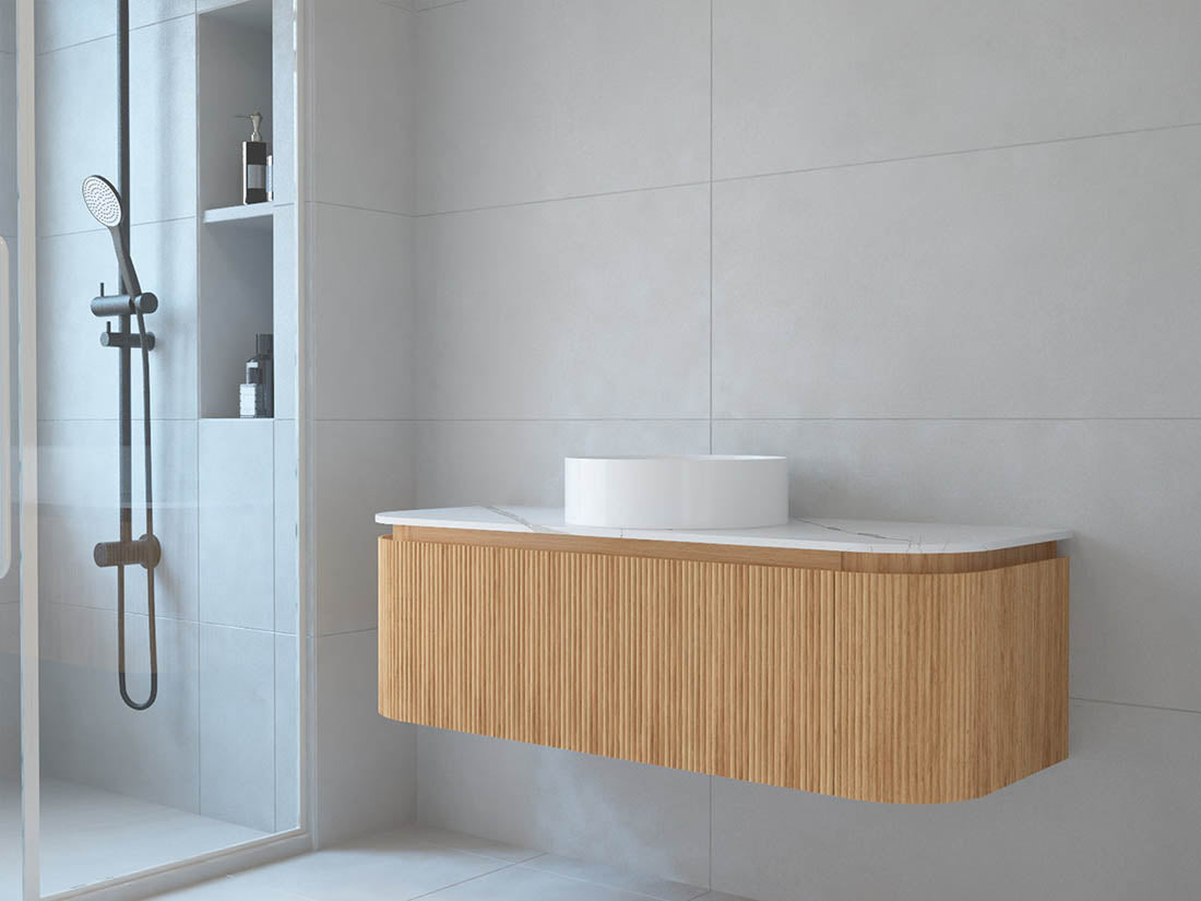 Baiachi Gympie 1200 Fluted Timber Bathroom Vanity Wall Hung Calacatta Stone