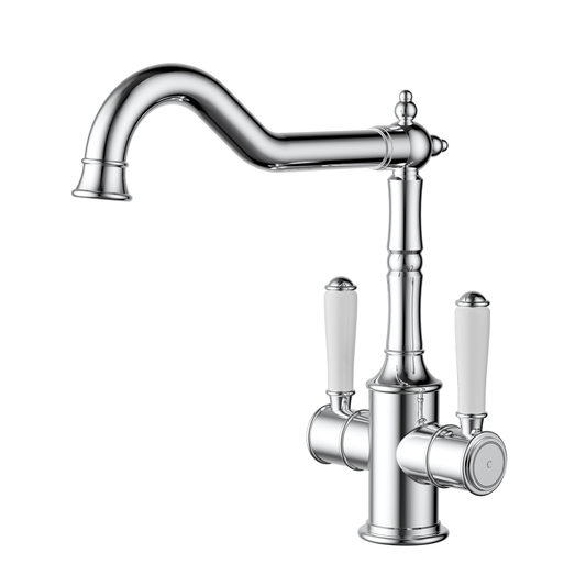 Ikon Clasico Twin Handle Gooseneck Sink Mixer Ceramic Handle Chrome