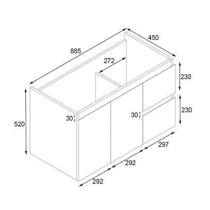 Ivana 900mm PVC Water Proof Wall Hung Bathroom Vanity Right Drawers Cabinet