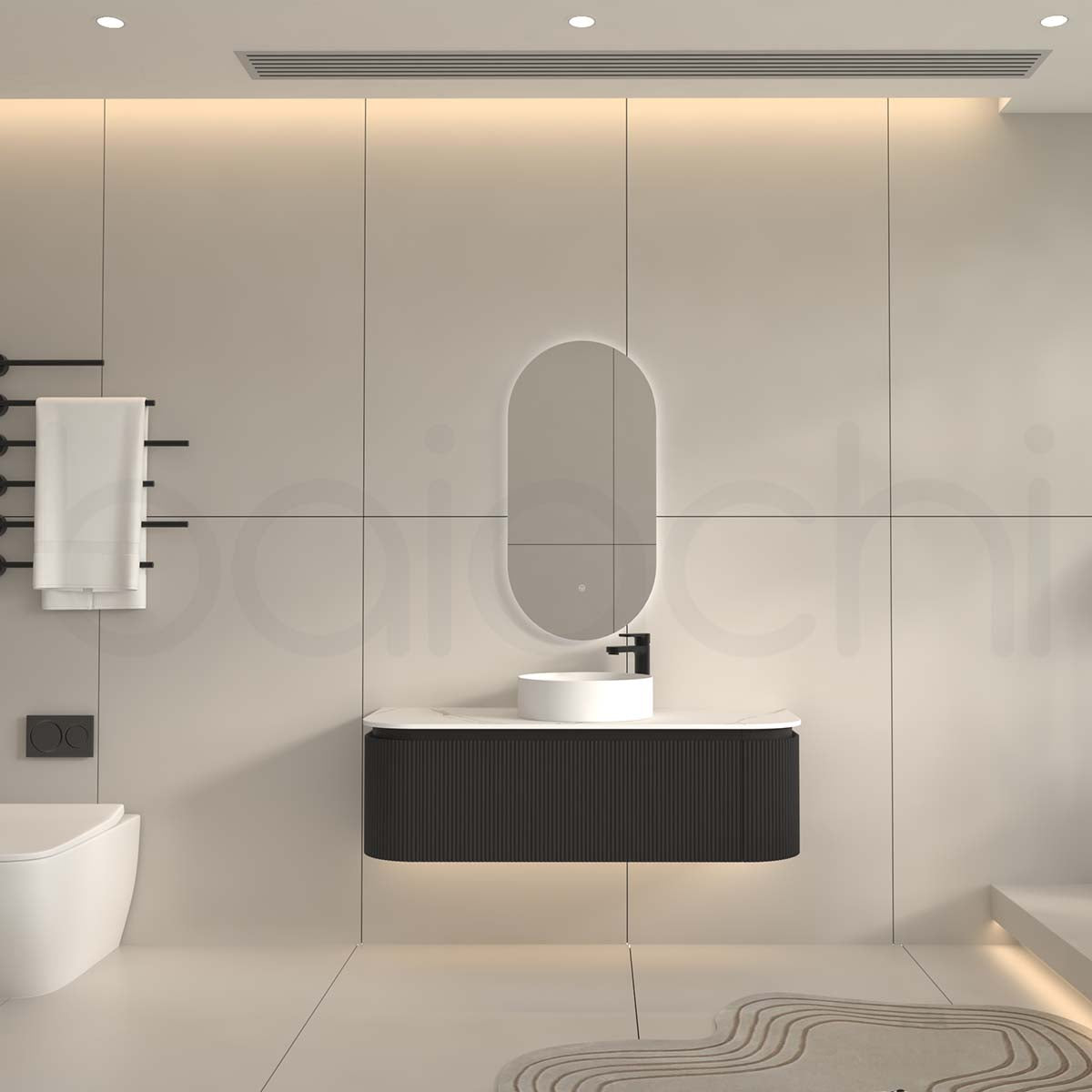 Baiachi Gympie 1200 Black Fluted Timber Bathroom Vanity Wall Hung Calacatta Stone