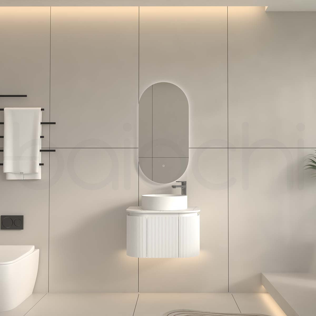 Baiachi Gympie 600 White Fluted Timber Bathroom Vanity Wall Hung Calacatta Stone