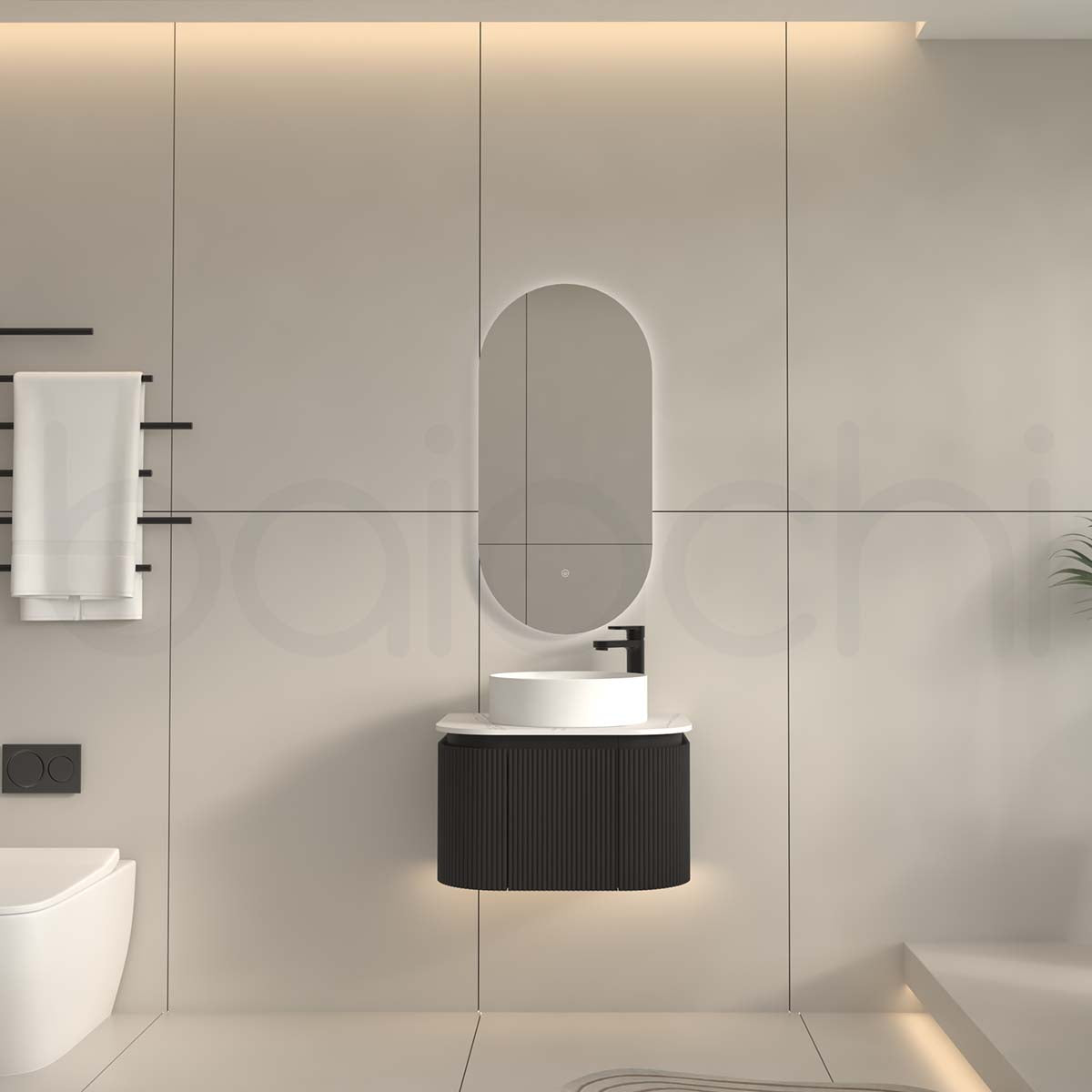 Baiachi Gympie 600 Black Fluted Timber Bathroom Vanity Wall Hung Calacatta Stone