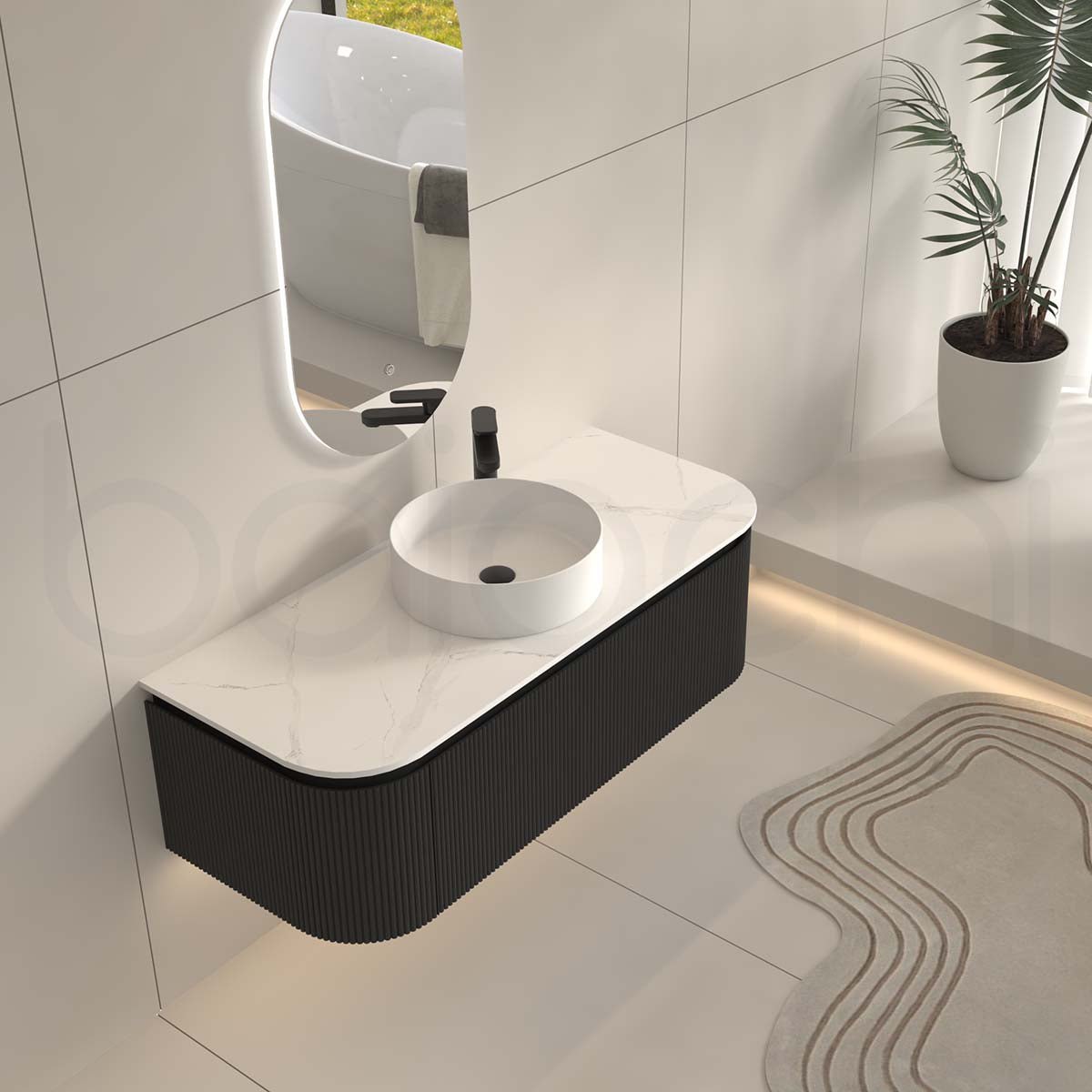 Baiachi Gympie 1200 Black Fluted Timber Bathroom Vanity Wall Hung Calacatta Stone