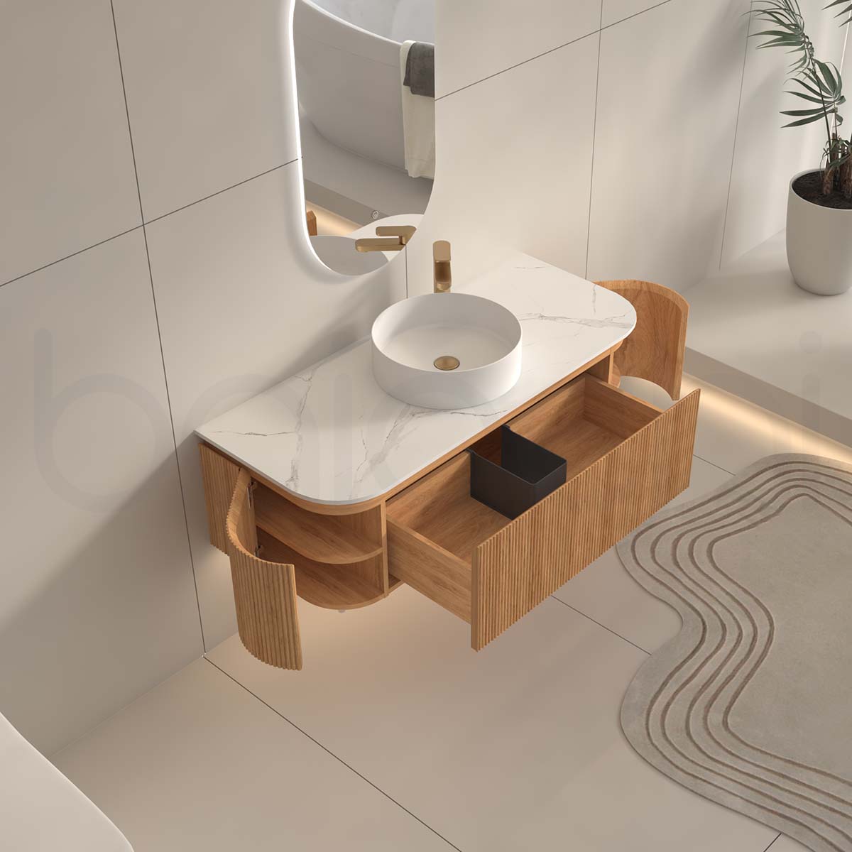 Baiachi Gympie 1200 Fluted Timber Bathroom Vanity Wall Hung Calacatta Stone